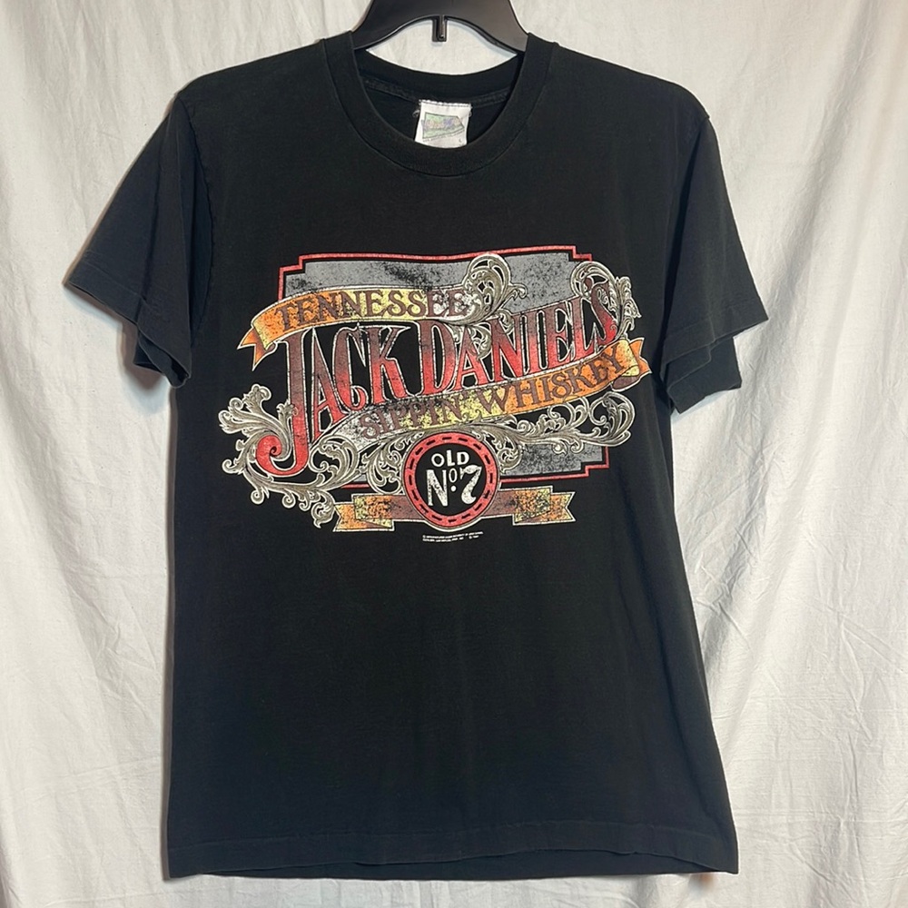 90s Jack Daniels Whiskey Shirt Large Worn Black Single Stitch Biker Bar L 1991